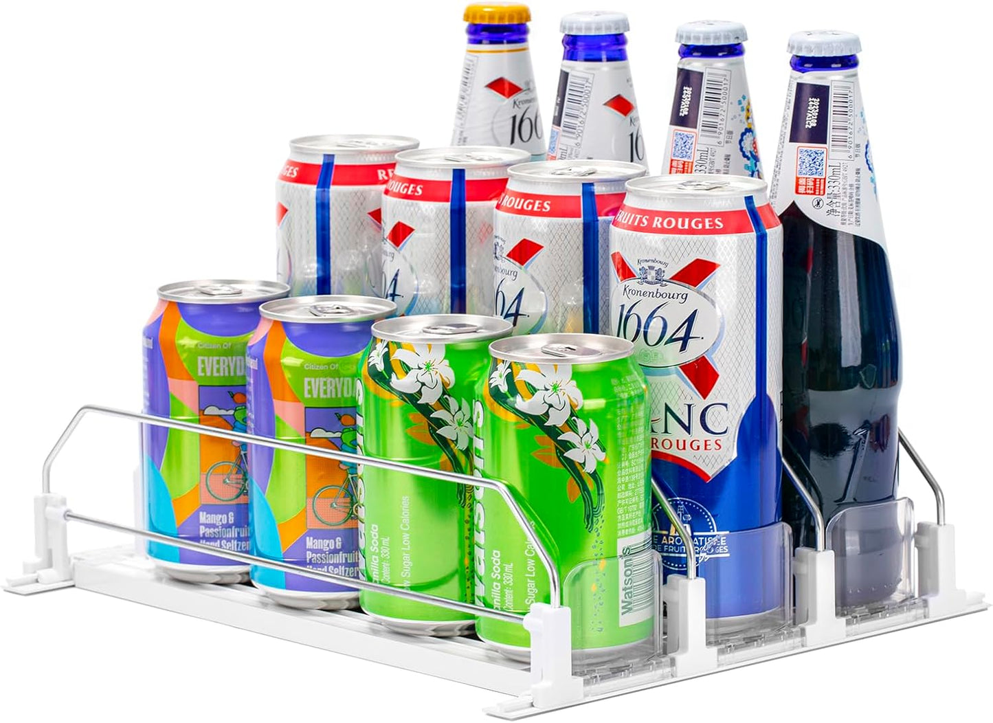 Rula Drink Organizer for Fridge, Self-Pushing Soda Can Dispenser for Mini Refrigerator, Width Adjustable Water Bottle Pusher Glide, White, 3 Rows,12.2” D