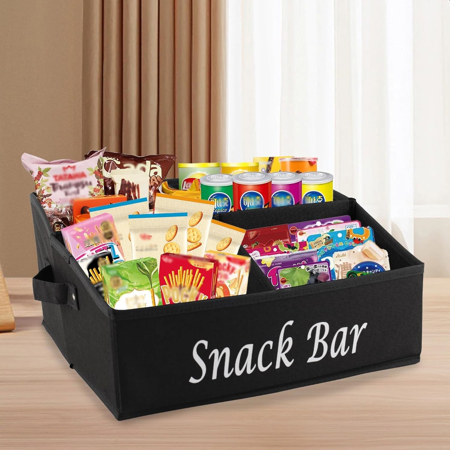 Snack Organizer for Countertop, Fabric Snack Basket with Handles, 4 Compartment Snack Box Container Snack Holder, Snack Bar Station Decor, Kitchen Cabinet Pantry Organizer and Storage, Black