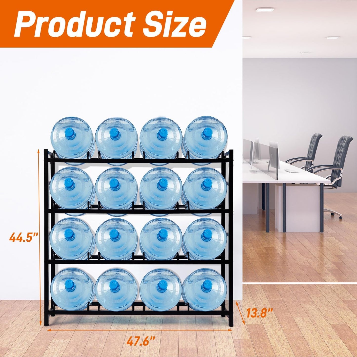 16-Tray Water Cooler Jug Rack - Heavy Duty Carbon Steel 5 Gallon Water Dispenser Jug Holder Stand With 4-Tier Organizer For Home, Office, Kitchen, Warehouse - Black