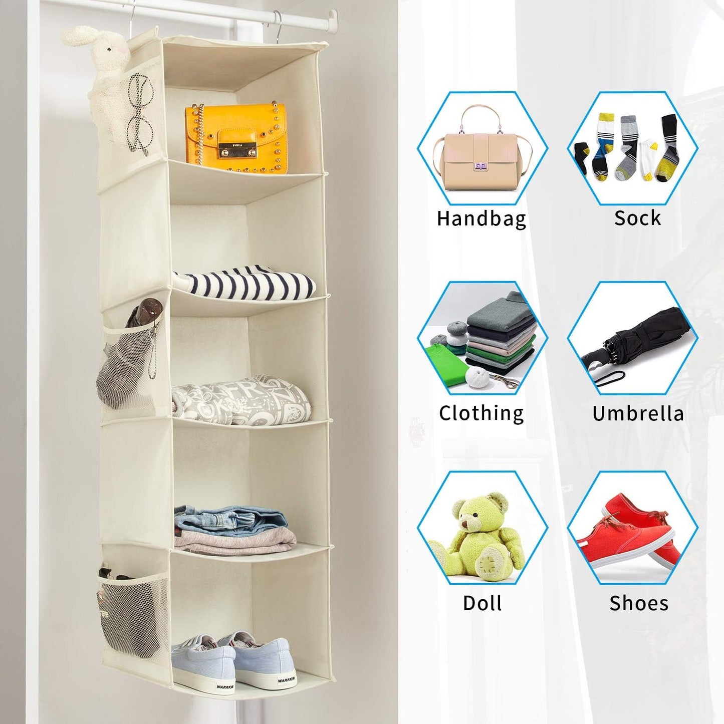 5 Shelves Hanging Closet Organizer, 2 Pack Hanging Storage with 6 Side Pockets for Clothes Shoes, 43"x12"x12"(Beige)