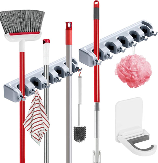 Broom Holder Wall Mount, 2 Packs Heavy Duty Cleaning Supplies Organizer, Garden Tool & Utility Closet with Hook, Mop & Broom Hook Wall Mounted for Bathroom, Garage, Kitchen, Laundry (Gray-2pcs)