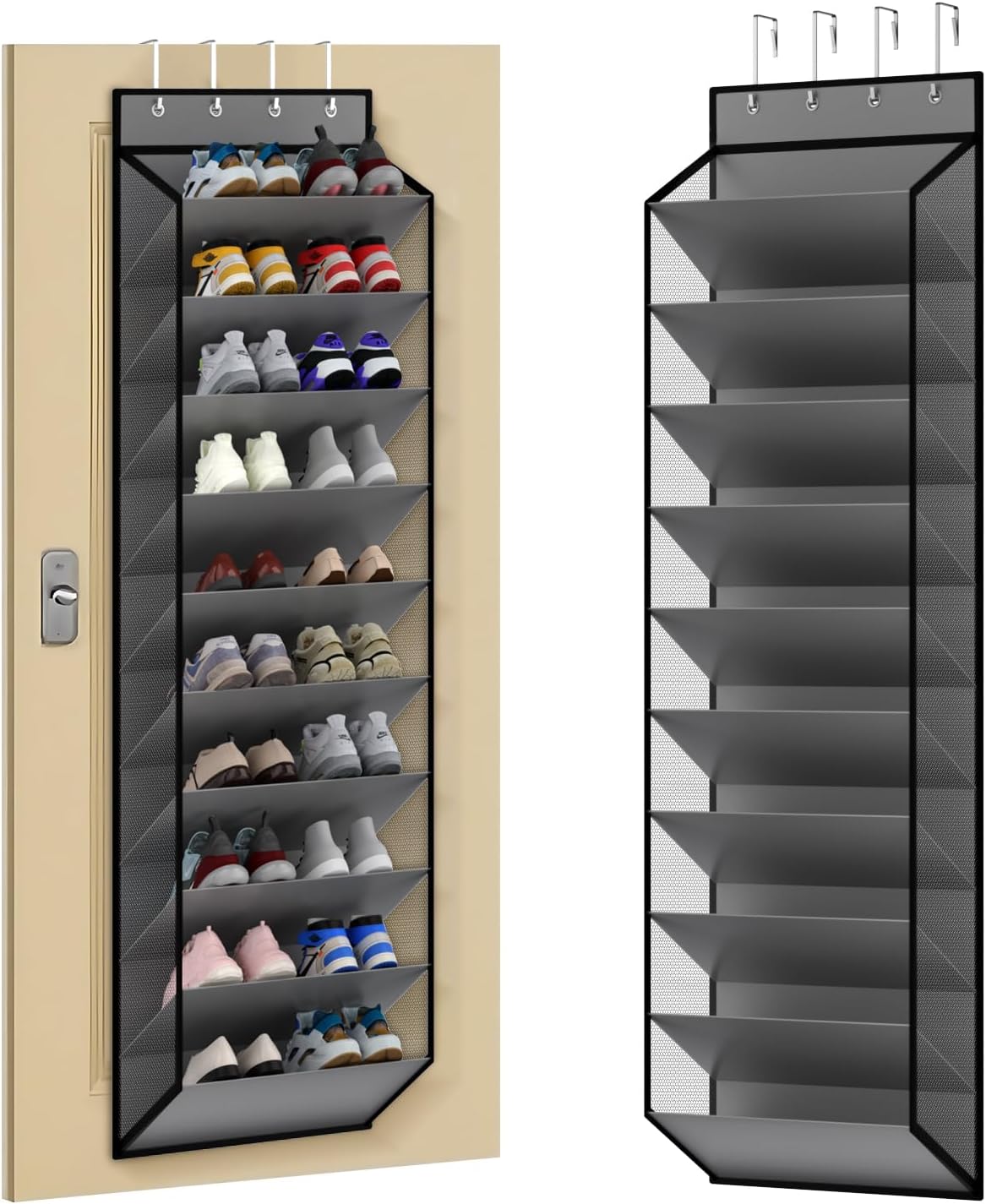 KEEPJOY 10 Tiers Mesh Over Door Shoe Organizer Storage, Hanging Shoe Holder for Door with Large Deep Pockets, Holds 20-30 Pairs of Shoes, Ideal for Sneakers & Boots.(Grey)