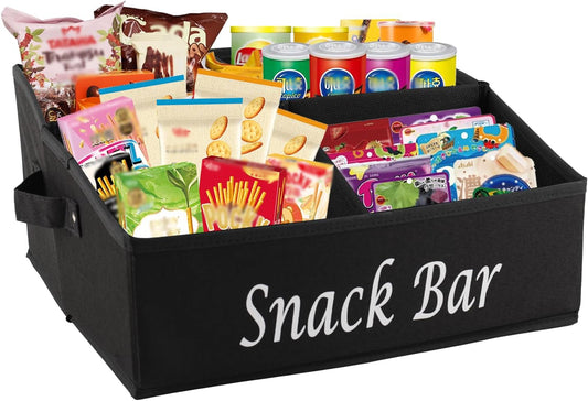 Snack Organizer for Countertop, Fabric Snack Basket with Handles, 4 Compartment Snack Box Container Snack Holder, Snack Bar Station Decor, Kitchen Cabinet Pantry Organizer and Storage, Black