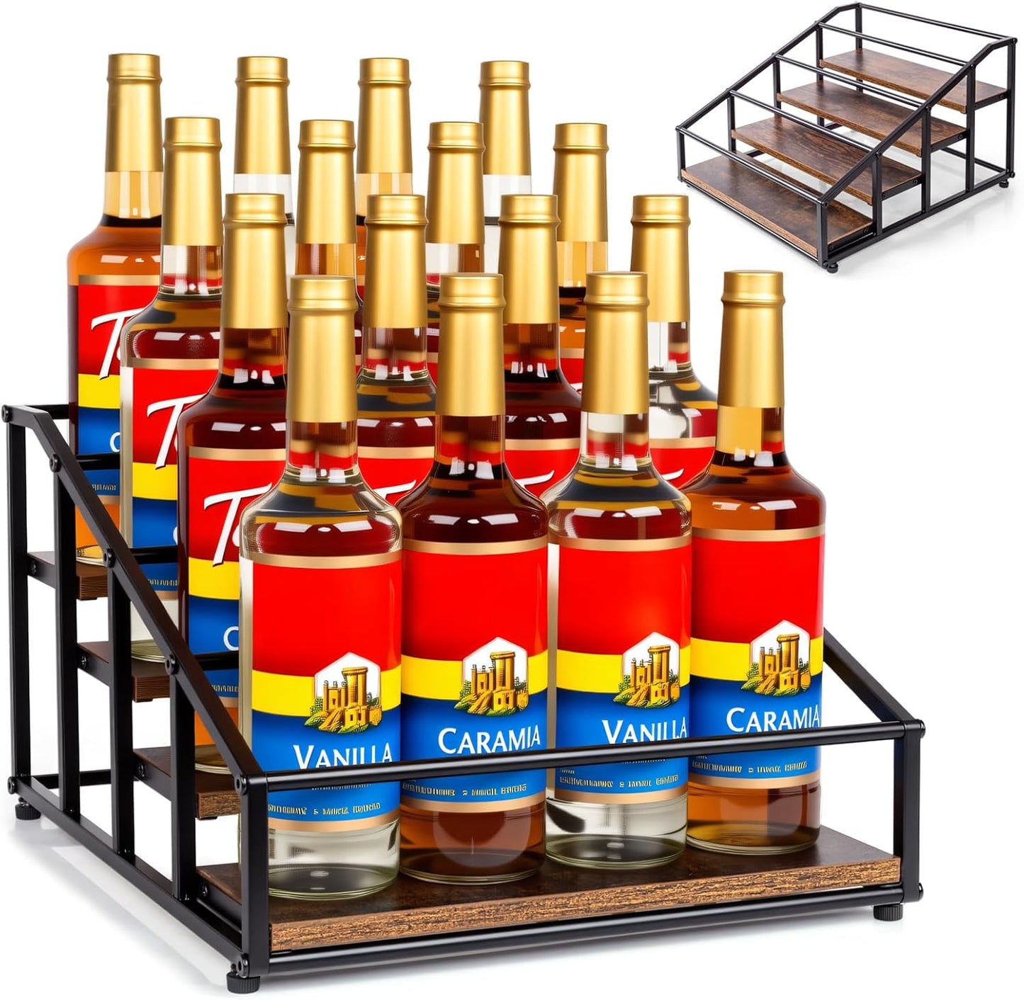 Coffee Syrup Organizer Rack, Liquor Bottle Display Shelf, 4 Tier 16 Syrup Bottles Holder Stand for Coffee Bar Kitchen Small Wine Rack for Family Storage for Syrup Wine Dressing