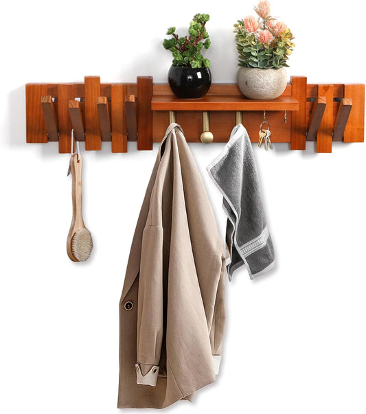 Zingoetrie Wooden Coat Rack Wall Mount Red Brown 11 Hooks Key Holder Umbrella Entryway Shelf Housewarming Holiday Gifts