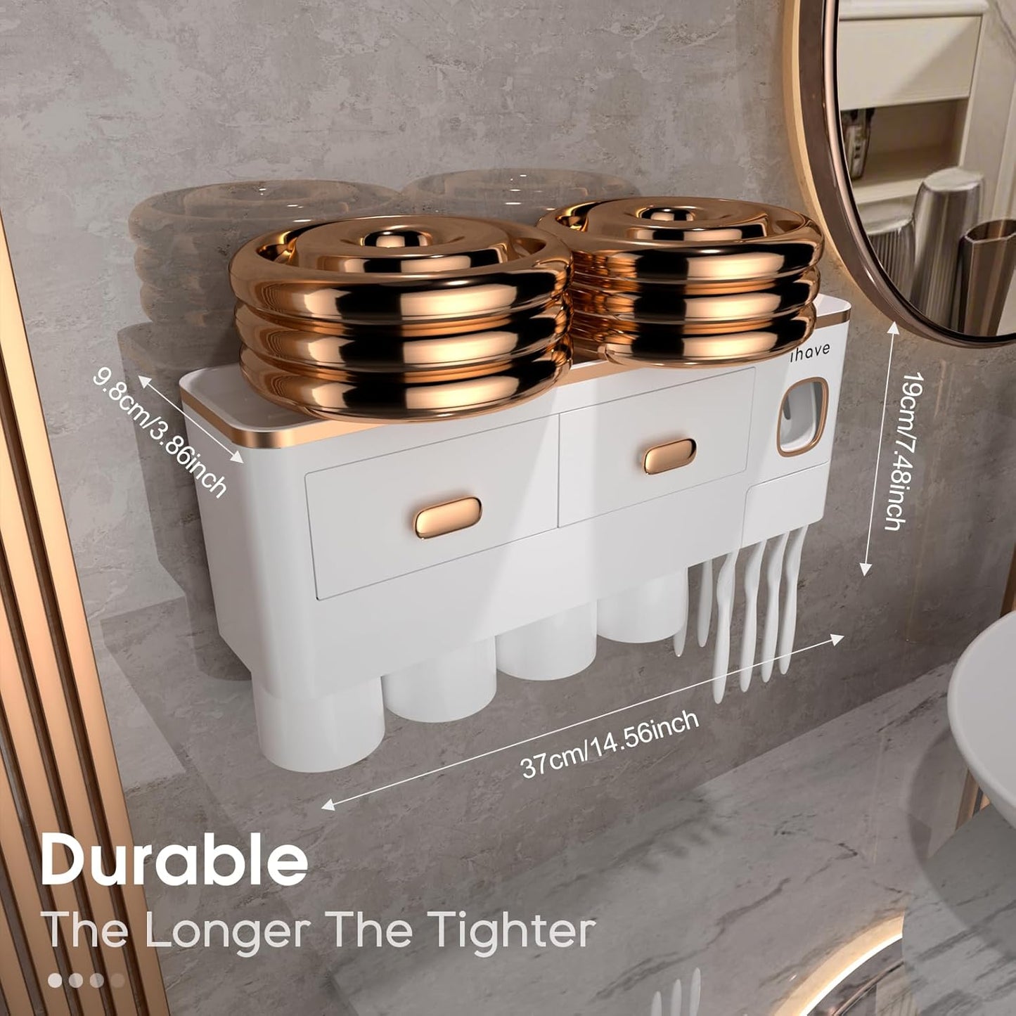 iHave Toothbrush Holders for Bathrooms - Upgrade Wall Mounted Toothbrush Holder with Toothpaste Dispenser - 4 Cups, Large Capacity Tray, 2 Cosmetic Drawer - Bathroom Organizers and Storage