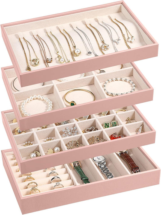 LANDICI Stackable Jewelry Organizer Trays 4 Set,PU Leather Jewelry Organizer Drawer,Jewelry Storage Display Tray for Earring Necklace Rings Bracelet with Removable Dividers,Pink