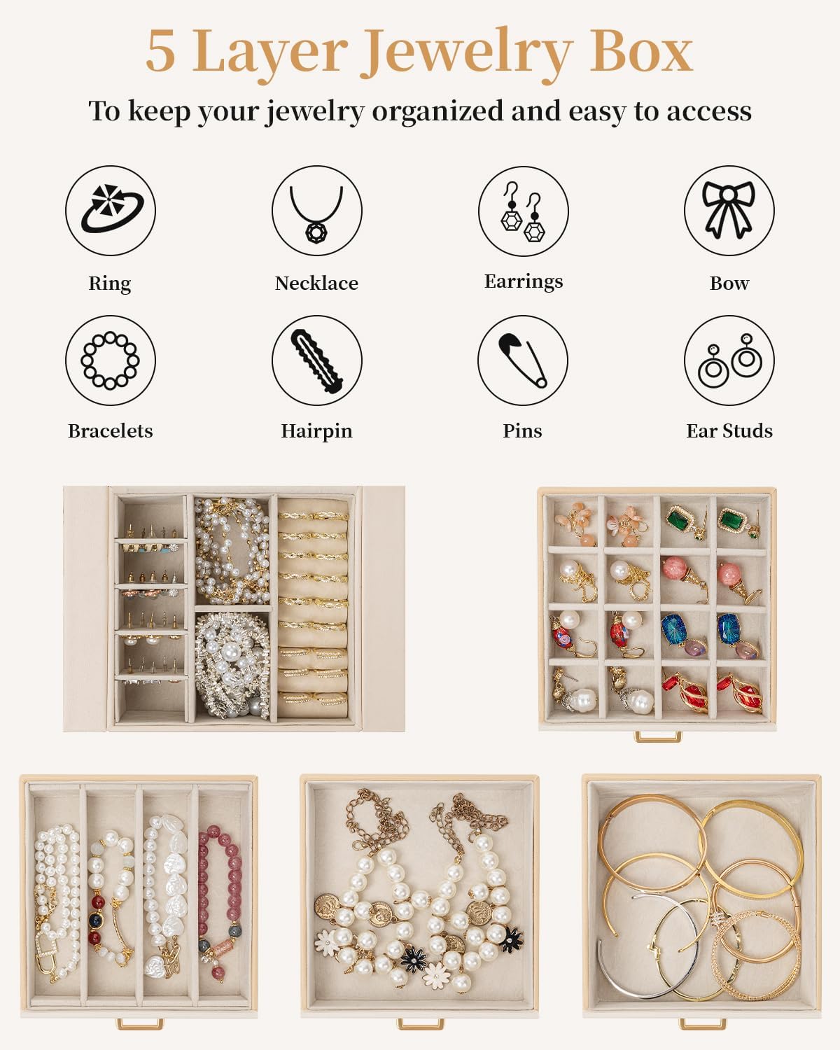 TORIBIO Jewelry Box for Women, Leather Jewelry Organizer with Mirror & Lock, 5-Tier Jewelry Storage Organizer with 4 Drawers for Girls/Women/Mothers, Necklace Earring Bracelets Holder Organizer