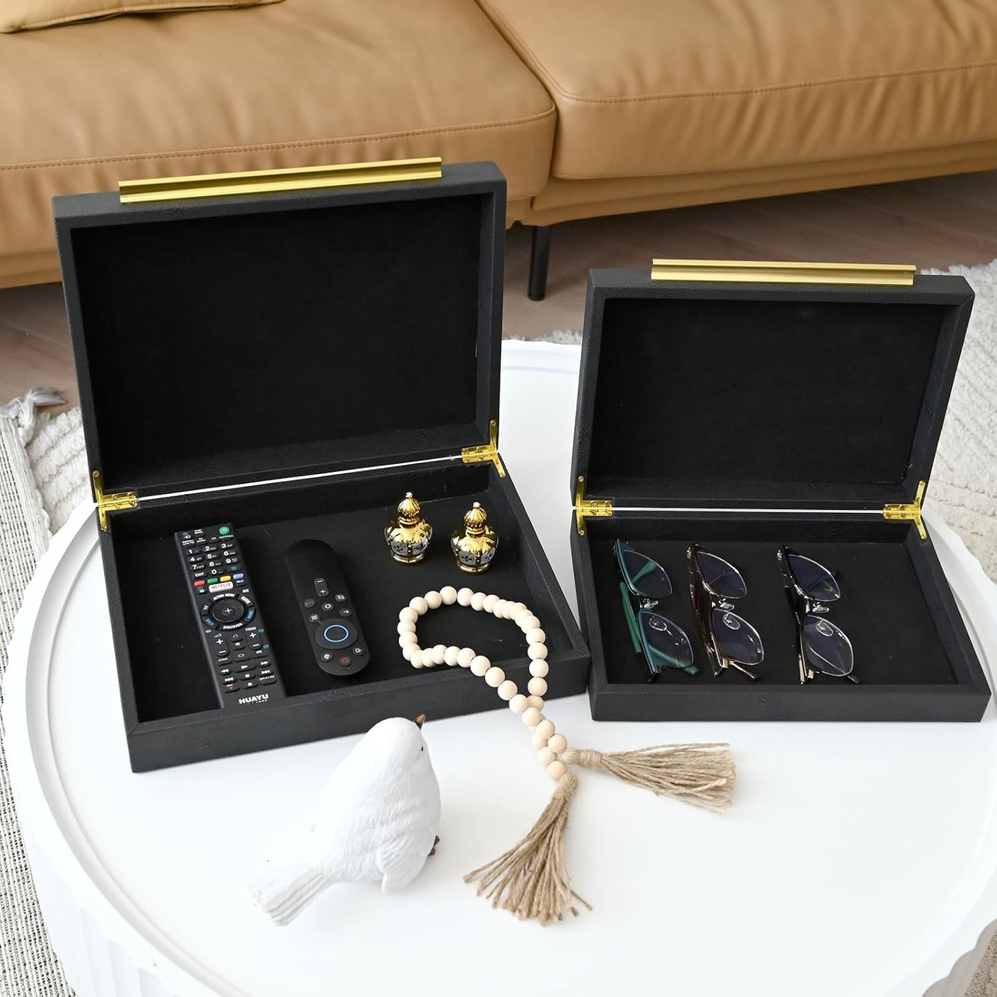 Faux Shagreen Leather Jewelry Boxes Set of 2 with Gold Handles, Decorative Organizer Storage Box for Rings, Earrings, Watches, Dresser, Vanity, Stackable, Black