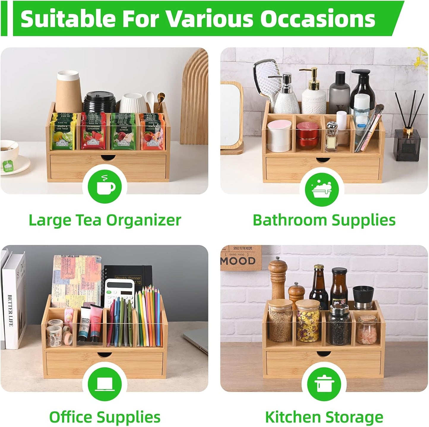 Tea Bag Organizer, Bamboo Tea Organizers and Storage, Tea Box Organizer Storage Box with Drawer, Portable Tea Bag Holder Organizer, Tea Storage Organizer for Countertop, Pantry, Kitchen