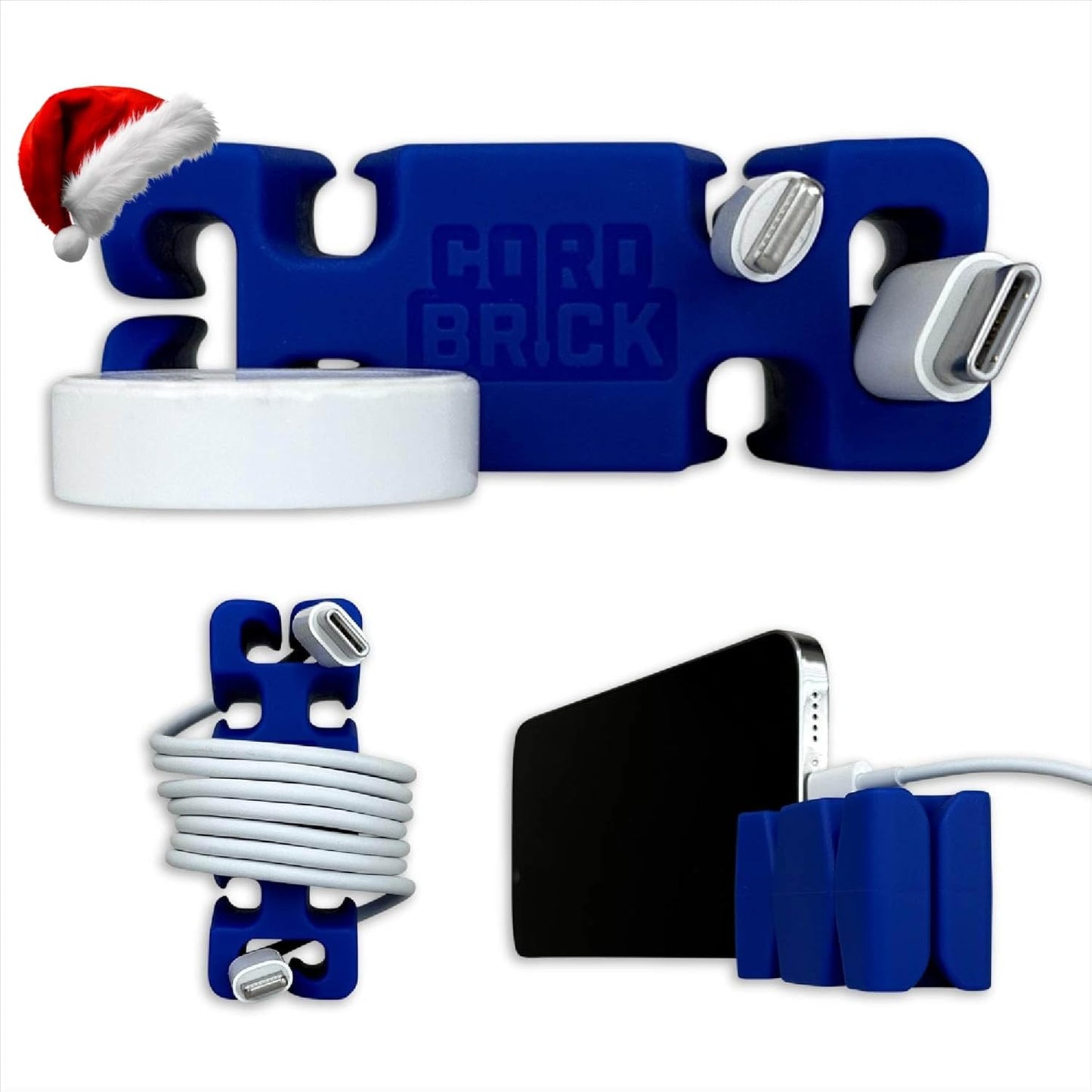 CordBrick Stocking Stuffers for Adults Cord Management Weighted Cord Holder Cable Wrap Phone Stand - Multiuse Gadget Organizer for Nightstand, Desk. Gift for Men, Durable Silicone. Blue