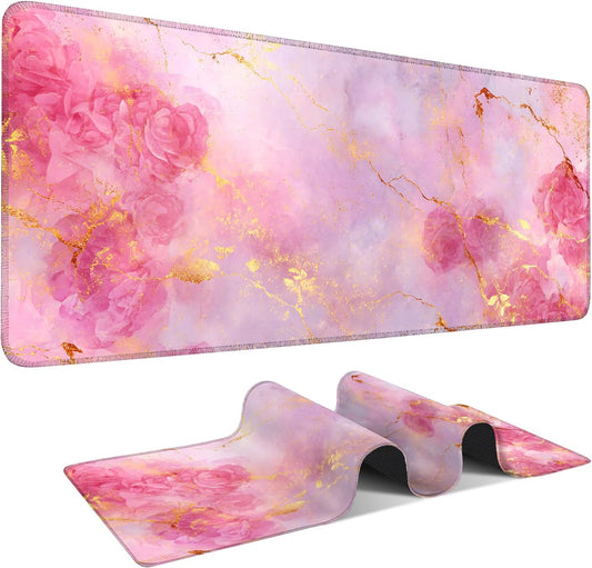 Elegant Pink Rose and Gold Marble Mouse Pad –35.43" x 15.75" Extended Desk Mat with Abstract Floral Design – Luxurious Non-Slip Surface for Office & Home Decor