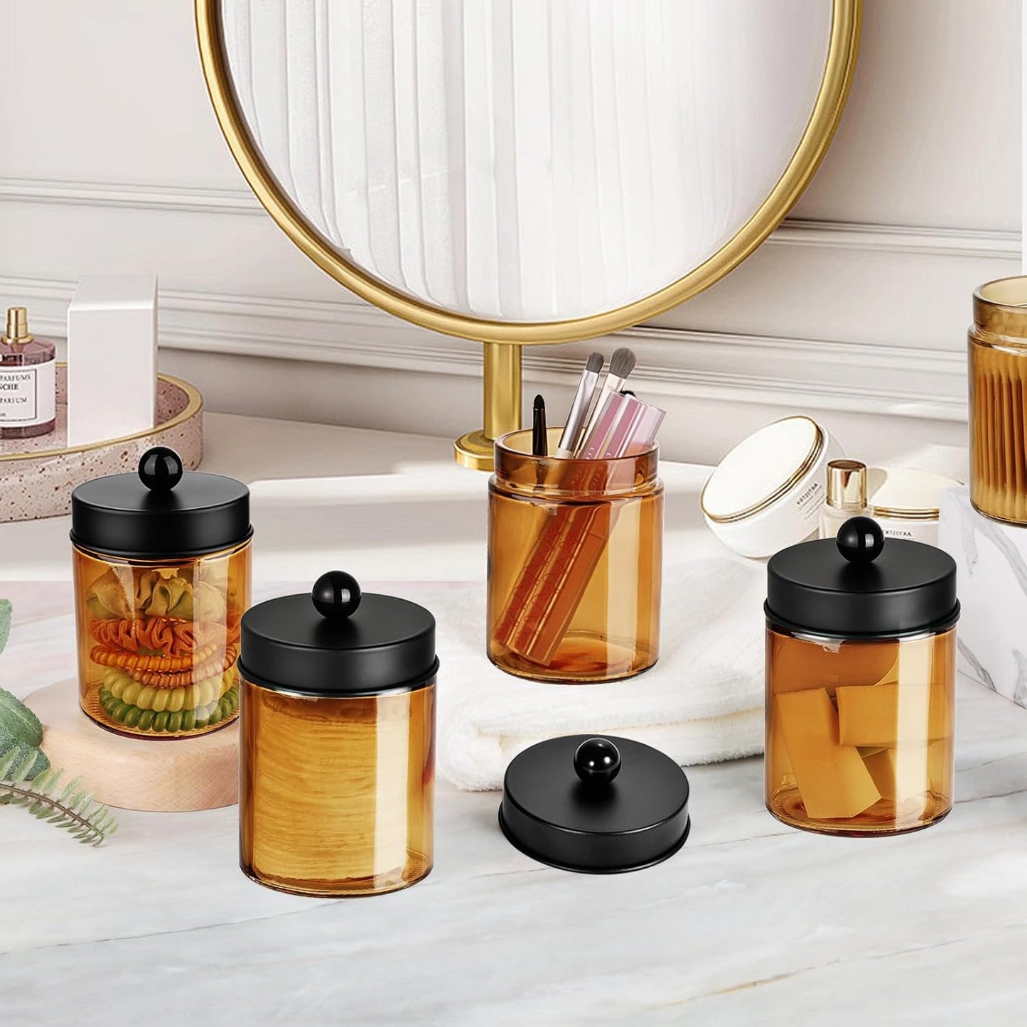 Amolliar Amber Yellow Apothecary Jar With Metal Lid & Waterproof Labels, Qtip Holder Dispenser for Cotton Swabs, Balls, Makeup Pads, Floss Picks, Countertop Bathroom Storage Canister, Black 1 Pack