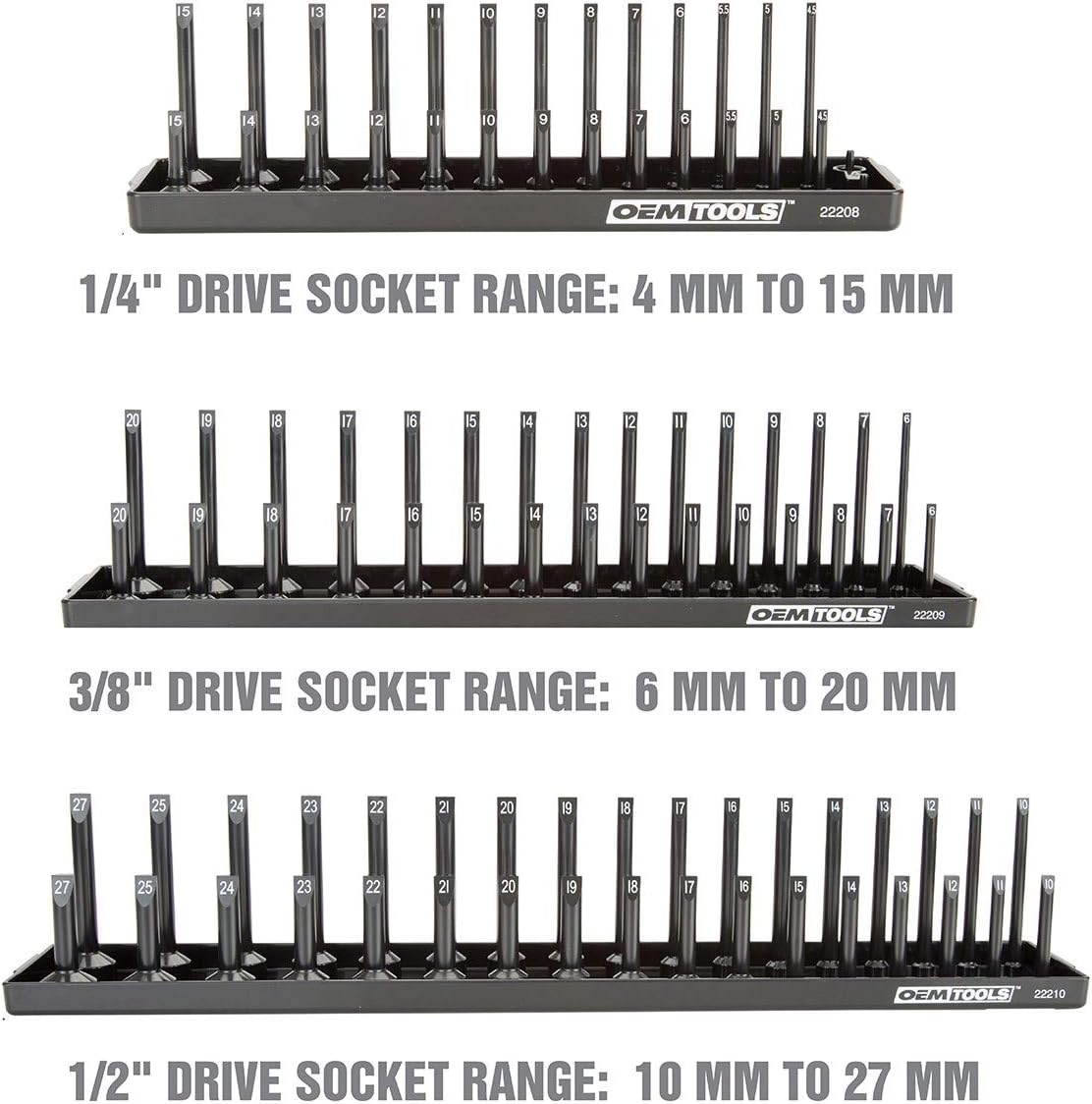 OEMTOOLS 22233 Tool Storage Organizer for SAE and Metric Socket, 6PC Socket Organizers for 1/4", 3/8", and 1/2" Drive Sockets, Optimize Toolbox Organization