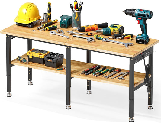 72” Adjustable Work Bench, 2-Layer Heavy Duty Workbench, 6000 LBS Capacity Workbench with Pegboard & Power Outlet, Rubber Wood Work Table for Garage, Office, Workshop, Home