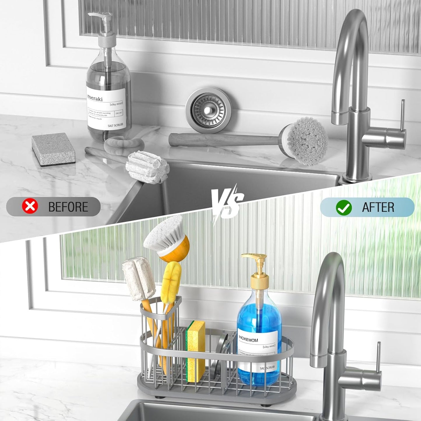 Kitchen Sink Organizer with Sponge Holder & Brush Holder - Drain-Free Non-Slip Base, 2.6mm Stainless Steel with Silver Rust-Resistant Coating - Easy Install & Clean Kitchen Sink Caddy