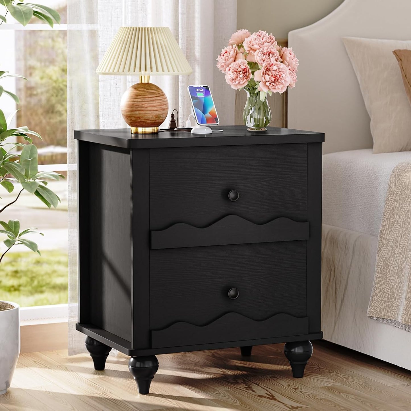 Cyclysio Nightstand with Charging Station, Side End Table with 2 Drawers, Modern Wood Night Stand with Scalloped Pattern for Bedroom, Bedside Night Tables with Solid Wood Gourd Legs