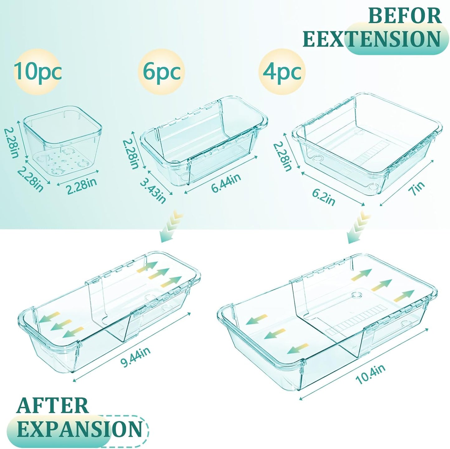20 Pcs Adjustable Clear Drawer Organizer, Extendable Vanity Storage Bins, Desk Drawer Organizer Set for Makeup, Cosmetics, Bedroom, and Gadgets, Blue