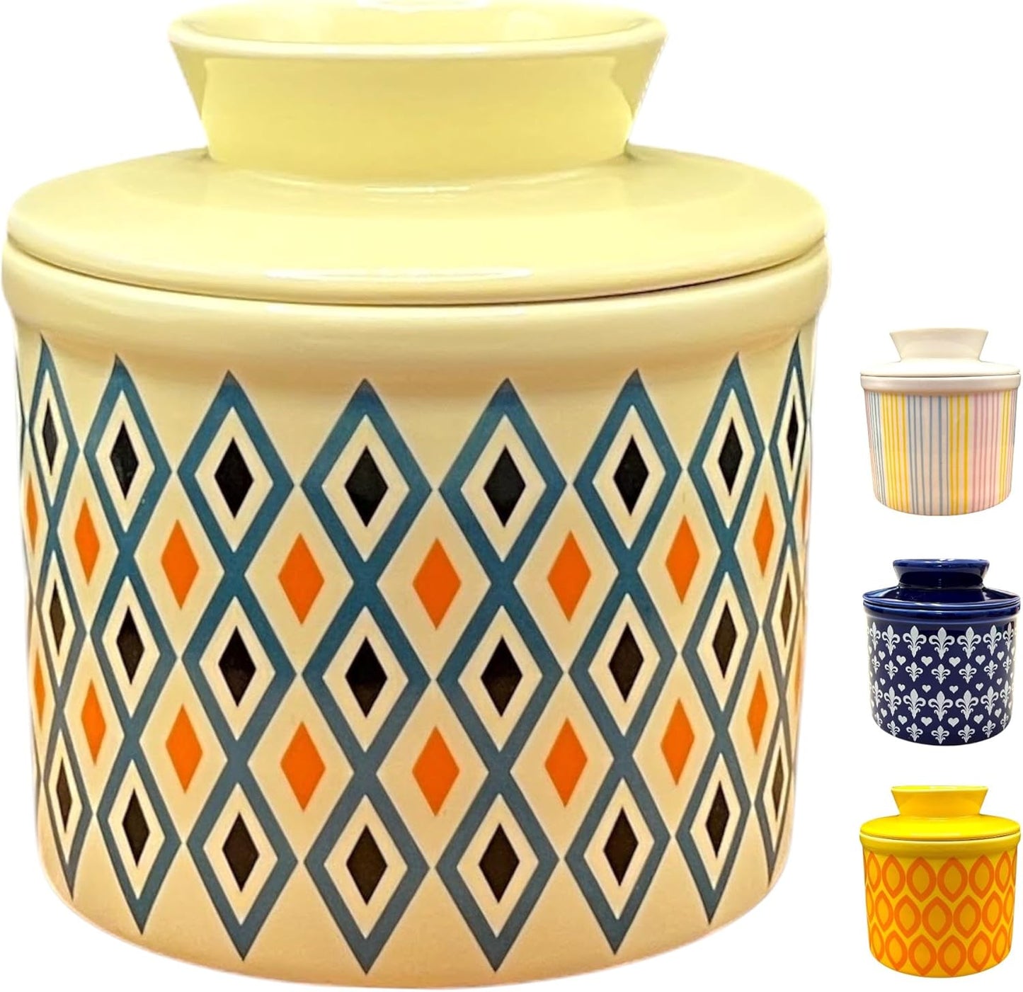 Butter Crock with Lid for Countertop, Butter Keeper Crock with Water, French Butter Dish Ceramic, Butter Holder with Lid for Spreadable Butter, Butter Container for Counter (Retro Diamond, Ivory)