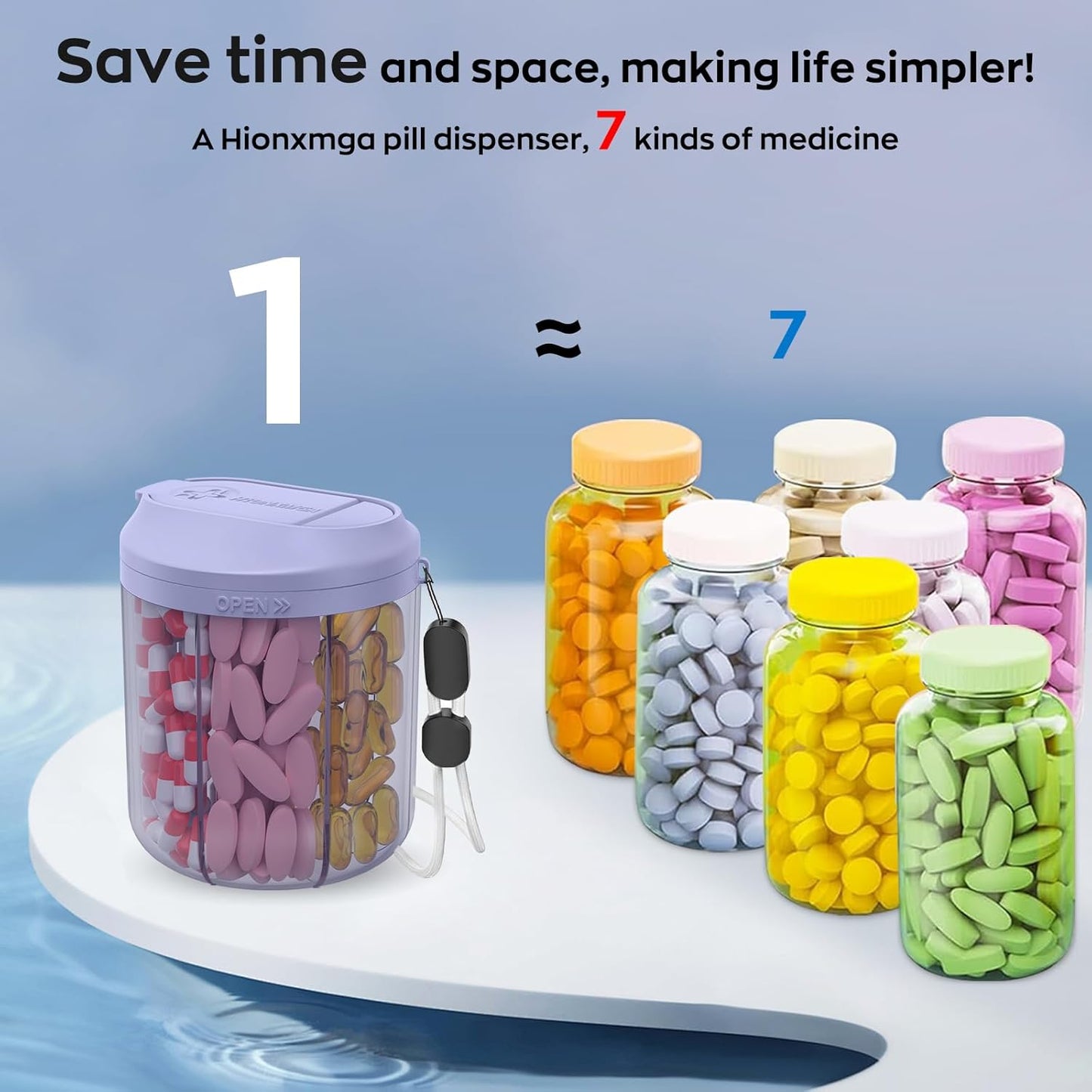 Pill Dispenser with 7 Large Compartments, 4.4" H x 3.6" Dia Pill Organizer for Travel, Supplement Organizer with Anti-Mixing Design, BPA-Free Pill Container with 20 Pcs Labels, Purple
