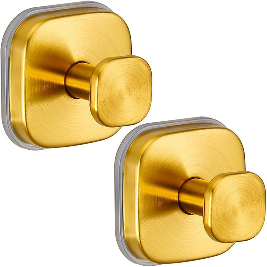 Suction Cup Hooks for Shower - Resuable Bathroom Hooks for Towels, Robes & Loofah - No-Drill Mounting on Kitchen,Walls,Metal,Glass,Mirrors,Tile & Smooth Non-Porous Surfaces (2, Brushed Gold)