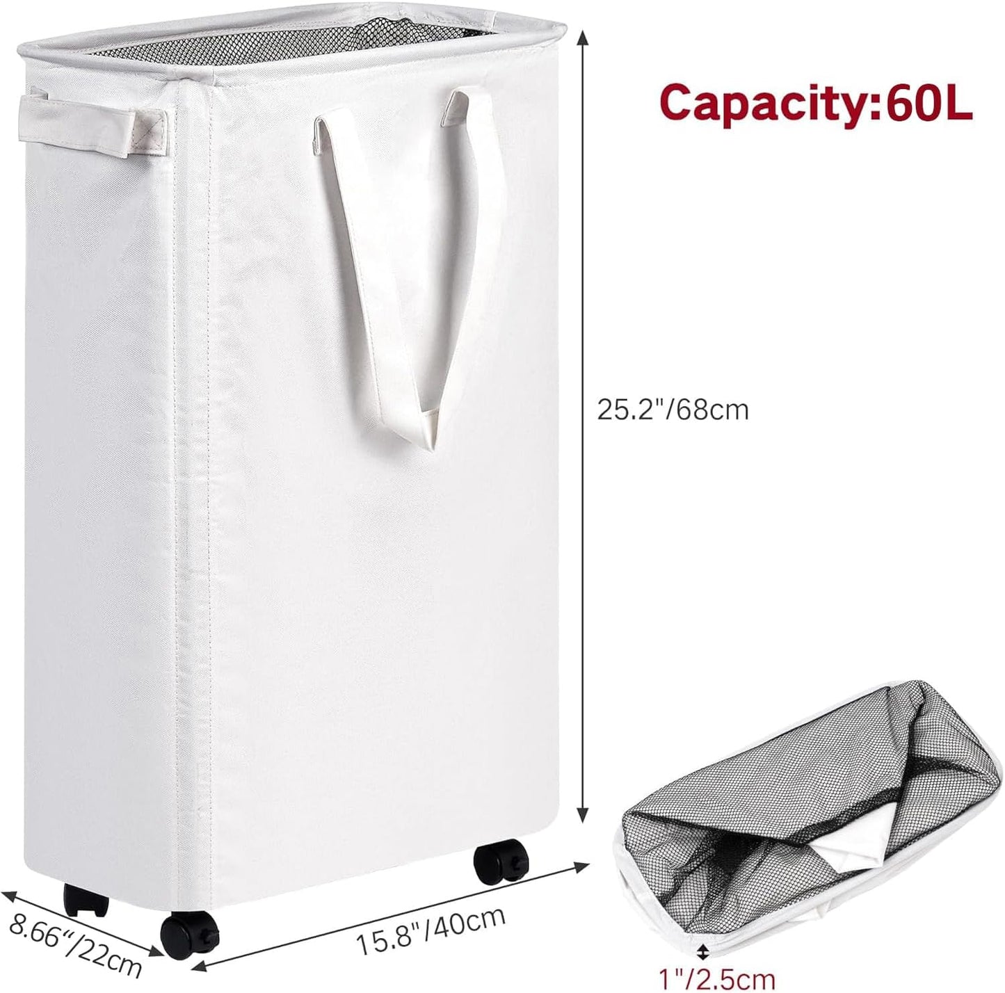 efluky Slim Laundry Hamper with Wheels, Rolling Laundry Basket for Clothes, Small Laundry Basket for Bedroom, Dorm and Laundry Room, 60L (12.7 Gallons) White