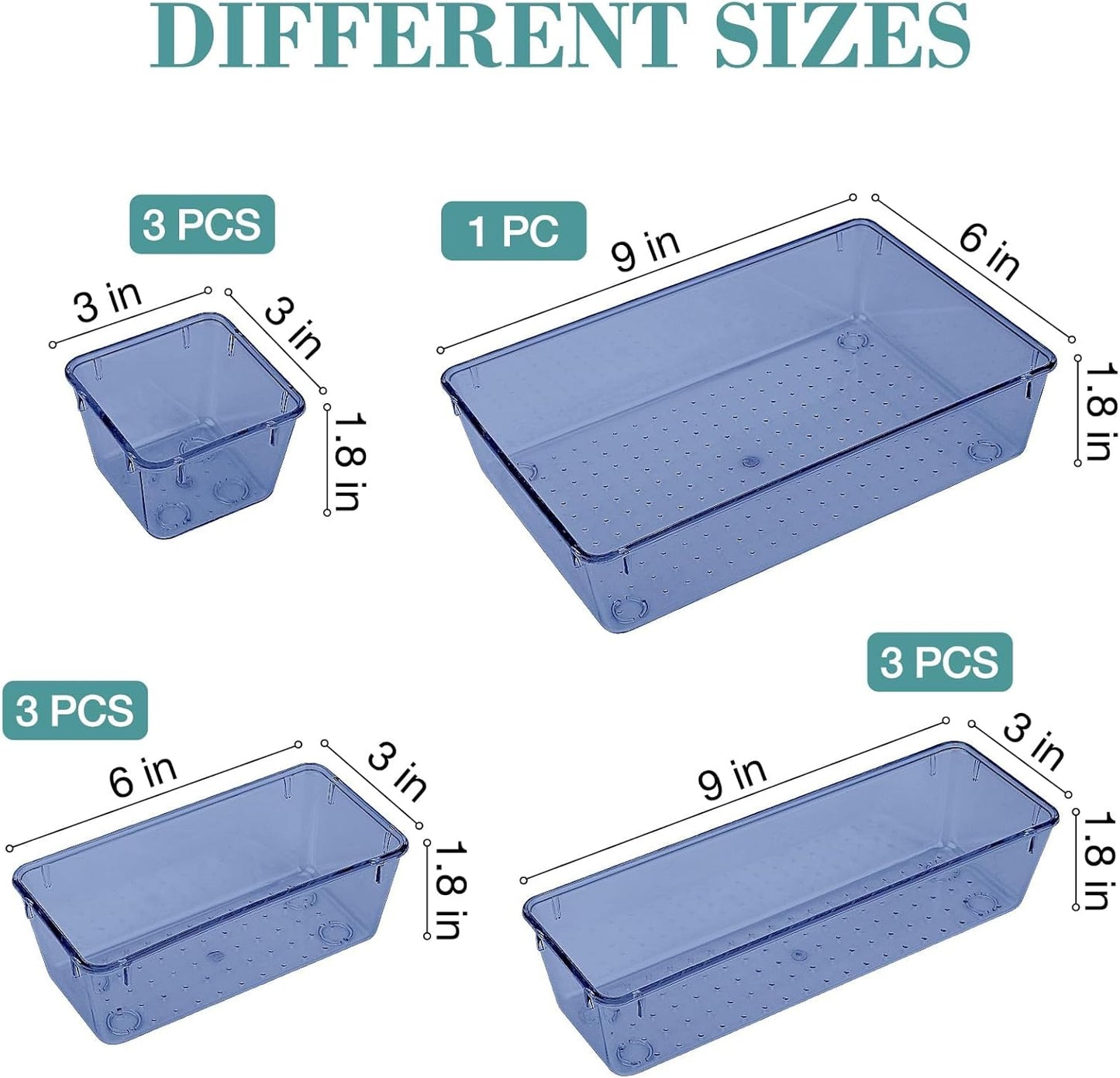 10 PCS Drawer Organizer Set, 5 Varied Size Bathroom and kitchen Drawer cabinet organizer Trays, Clear Storage Bins for Makeup, Jewelry, Utensils and Gadgets, Dark Blue