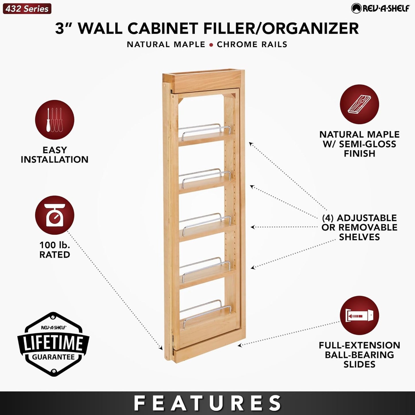 Rev-A-Shelf 3" W x 36" H Pull Out Quad Shelf Organizer for Wall & Base Kitchen Cabinets, Full Extension Filler Spice Rack, Adjustable, Wood, 432-WF36-3C