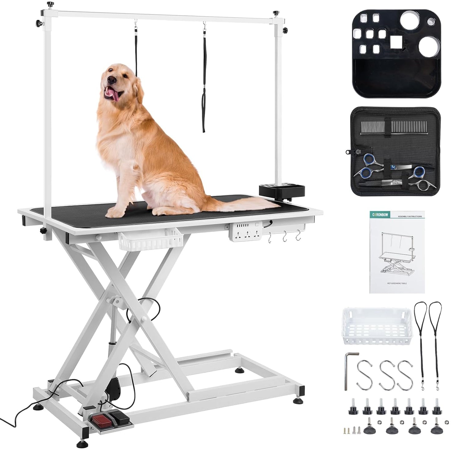 Electric Dog Grooming Table 50" with Foot-operated, Professional Heavy Duty Pet Grooming Table for Dogs at Home, Aluminium Adjustable Overhead Arm & Tool Organizer, Large Pet Grooming Station