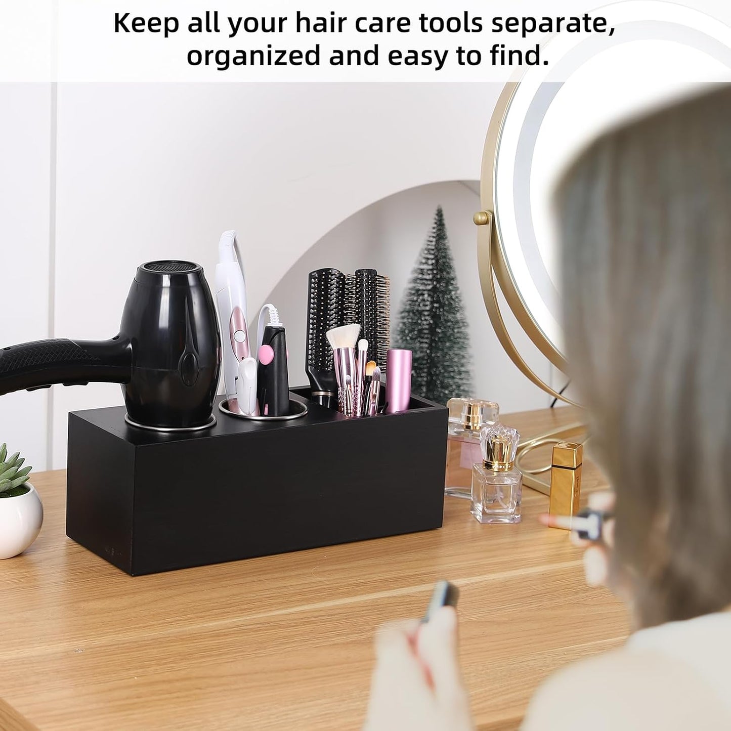 Hair Dryer Countertop Holder, Hair Tool Organizer Wall Mount, Blow Dryer Holder Cabinet Door Organizer, Bathroom Countertop Blow Dryer Holder and Curling Iron Holder (Cedar Wood, Black)