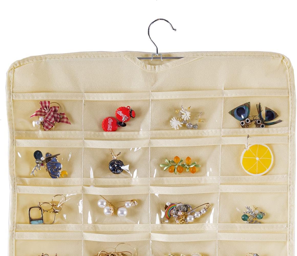 Bloss Hanging Jewelry Organizer 80 Pockets Hanging Double-Side Jewel Hanger For Jewelry Earring Storage, Jewelry Organizers and Storage for Wall, Door, Travel-Beige