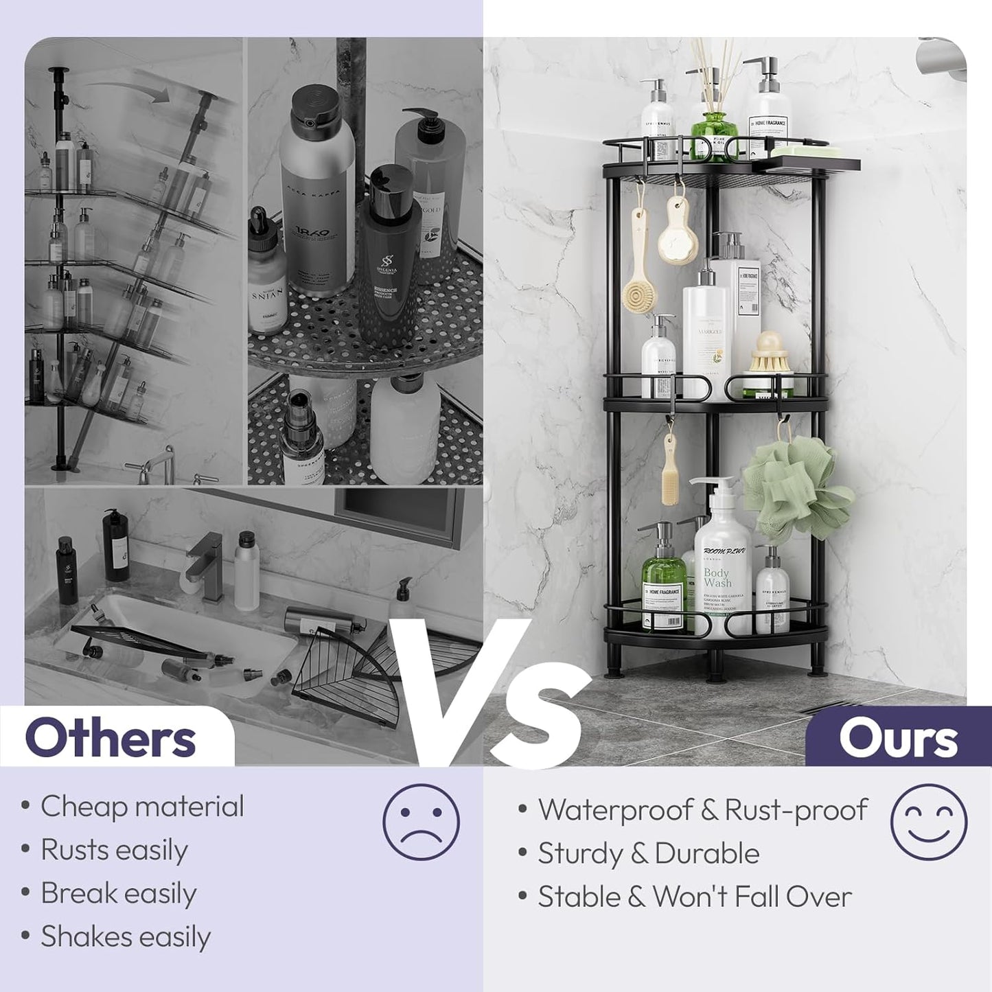 SWTYMIKI Corner Shower Caddy Standing - 3 Tier Rustproof Metal Shower Organizer Stand with Soap Holder and 4 Hooks, Freestanding Floor Shower Storage Stands for Bathroom, Black