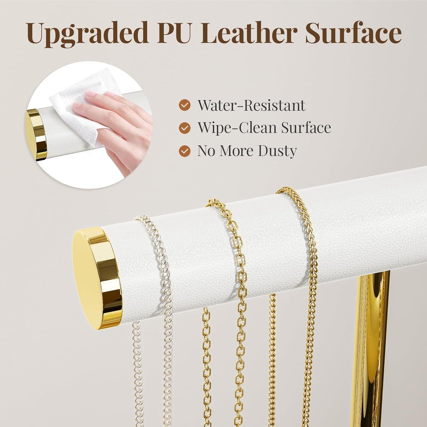 3 Tier Bracelet Holder Display - White Leather Bracelet Holder, Detachable T Bar Jewelry Holder Organizer for Bracelet, Necklace, Earrings, Rings, Watches, Bangle