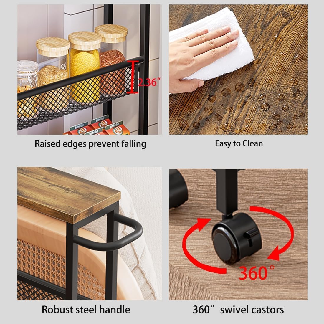AZERPIAN Slim Rolling Cart 5 Tier Narrow Storage Cart on Wheels with MDF Board Top and Metal Handle for Small Space Kitchen Living Room Home Office Pantry Bathroom Laundry (16.38 x 5.12 x 39.17 inch)