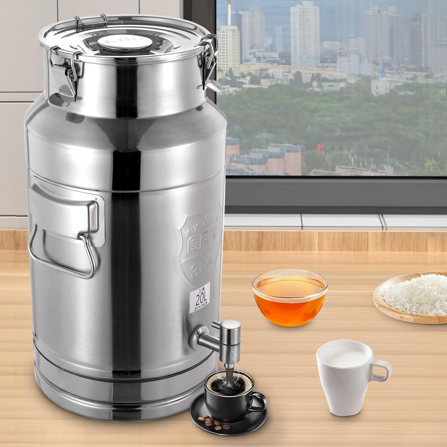 Milk Can Barrel Stainless Steel Beverage Drink Dispenser Large Capacity Storage Bucket Container with Faucet and Handles for Milk Coffee Wine Oil Rice Cereals Water (20L/5.28Gal)