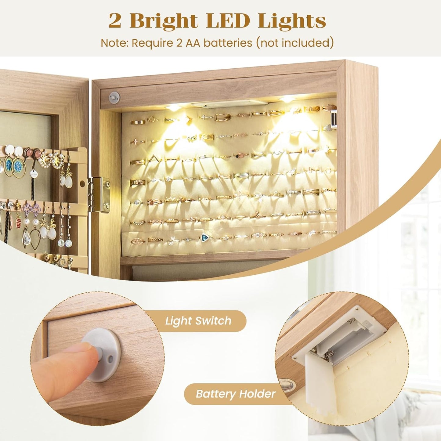 Giantex Wall or Door Mounted Jewelry Armoire with 47.5" Full Length Mirror, Lockable Cabinet with 2 LED Lights, 2 Drawers, Over the Door Large Jewelry Storage Organizer (Light Oak)