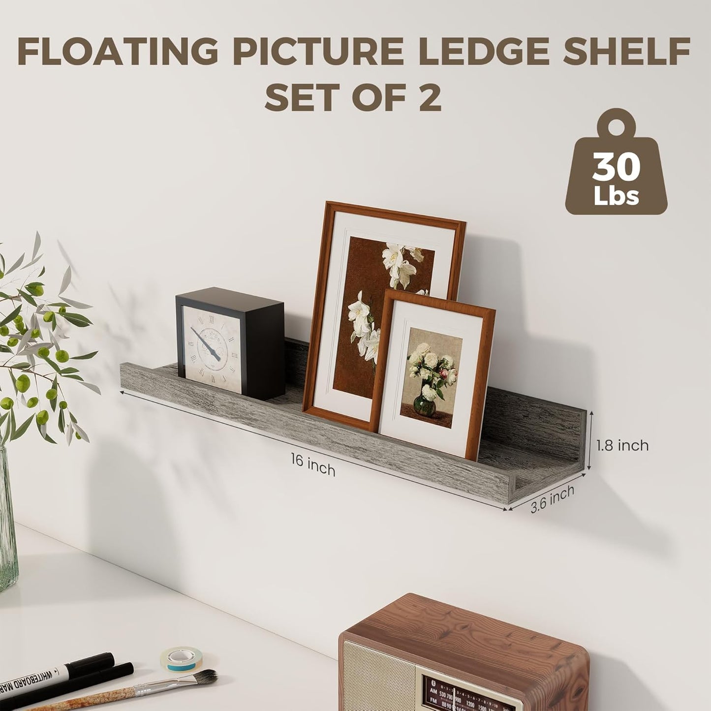 Axeman Floating Shelves for Wall | Picture Ledge Shelf Set of 2 | Rustic Grey Picture Shelf for Wall with Ledge | Small Floating Shelves with Lip | Photo Ledge Shelves for Books Album Records
