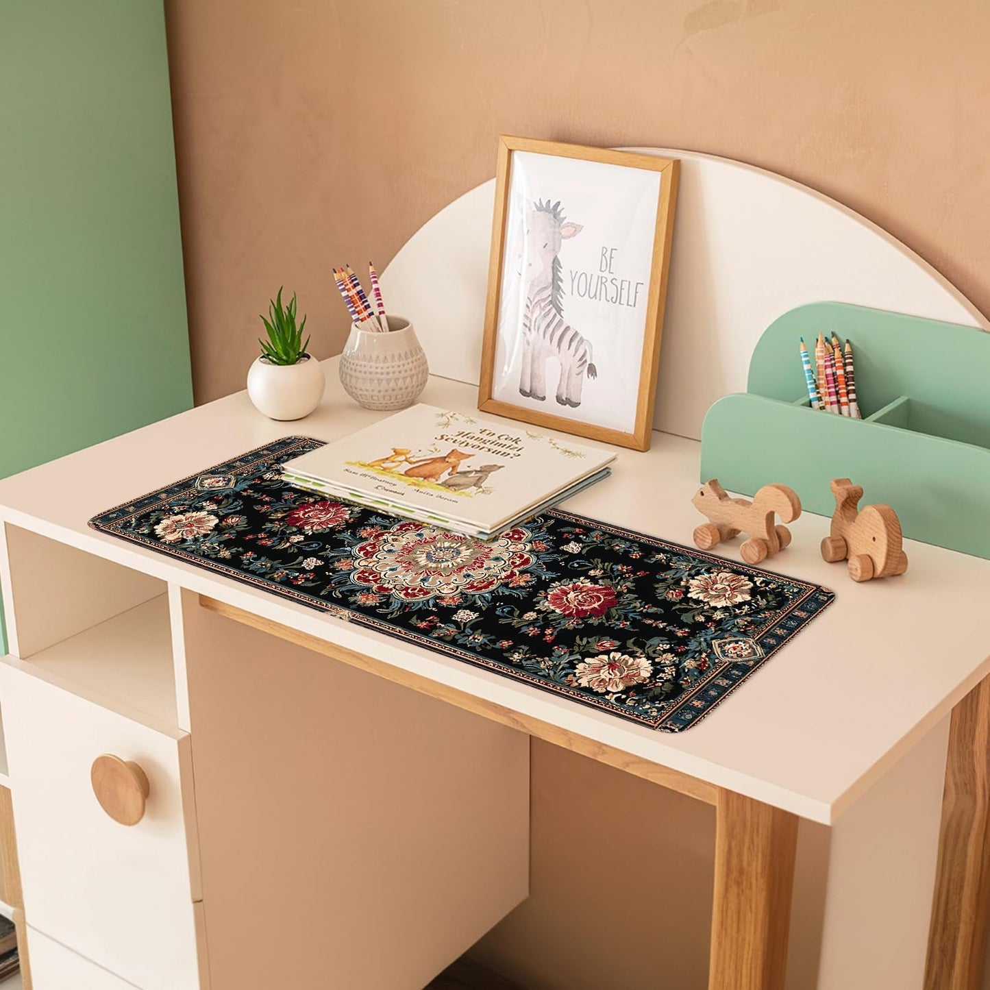 Vintage Persian Carpet Mouse Pad – Large Extended Desk Mat 31.5 x 11.8 in – Oriental Floral Rug Design, Non-Slip Rubber Base, Stitched Edges, Soft Keyboard & Mouse Mat for Office or Gaming