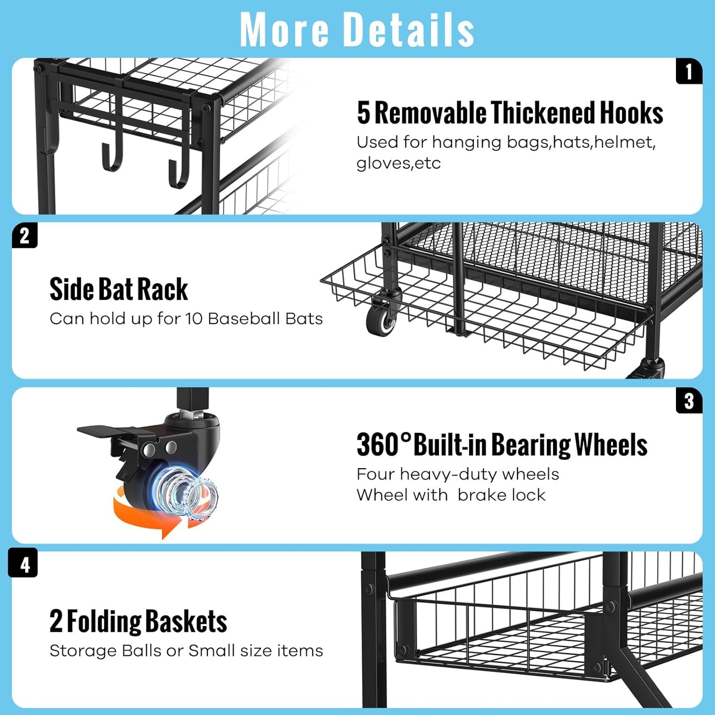 Sports Equipment Garage Organizer - Heavy Duty Garage Organization Ball Storage Rack with Basket, Hooks and Rolling Cart for Sports Gear and Toy Storage, Indoor/Outdoor Use, Black