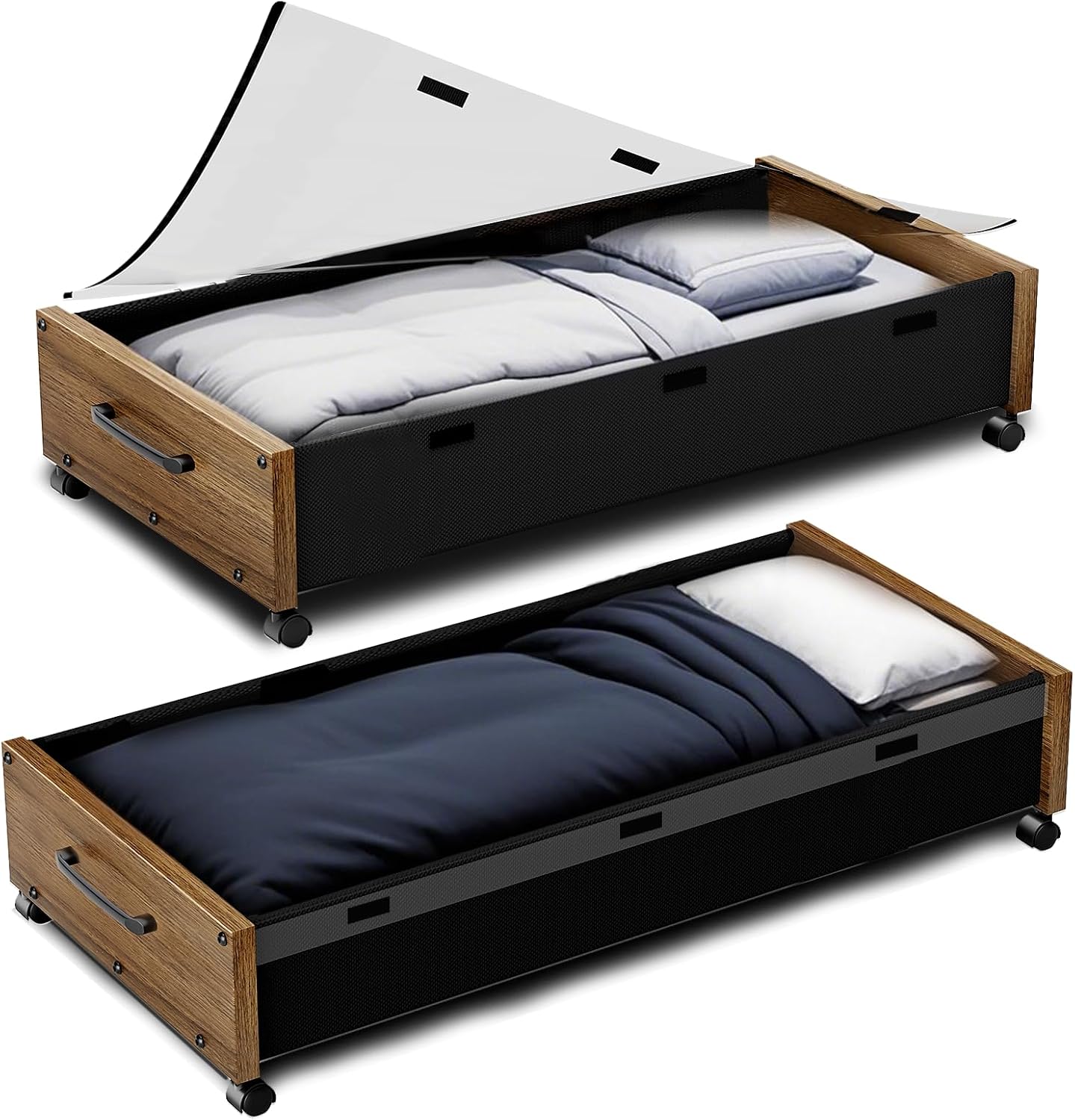 Under Bed Storage with Wheels, 2 Packs Wooden Storage Containers Extra Large Underbed Shoes Organizer, Rolling Under Bed Storage Drawers with Clear Lid, Heavy Duty for Clothes Toys 36"L (Walnut)
