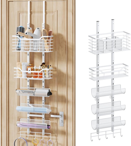 Consumest 6-Tier Hair Tool Organizer - Hair Dryer Holder Over The Door/Wall Mounted DIY Adjustable Shelf Bathroom Door Organizer with Hook for Curling Iron/Blow Dryer/Straightener White