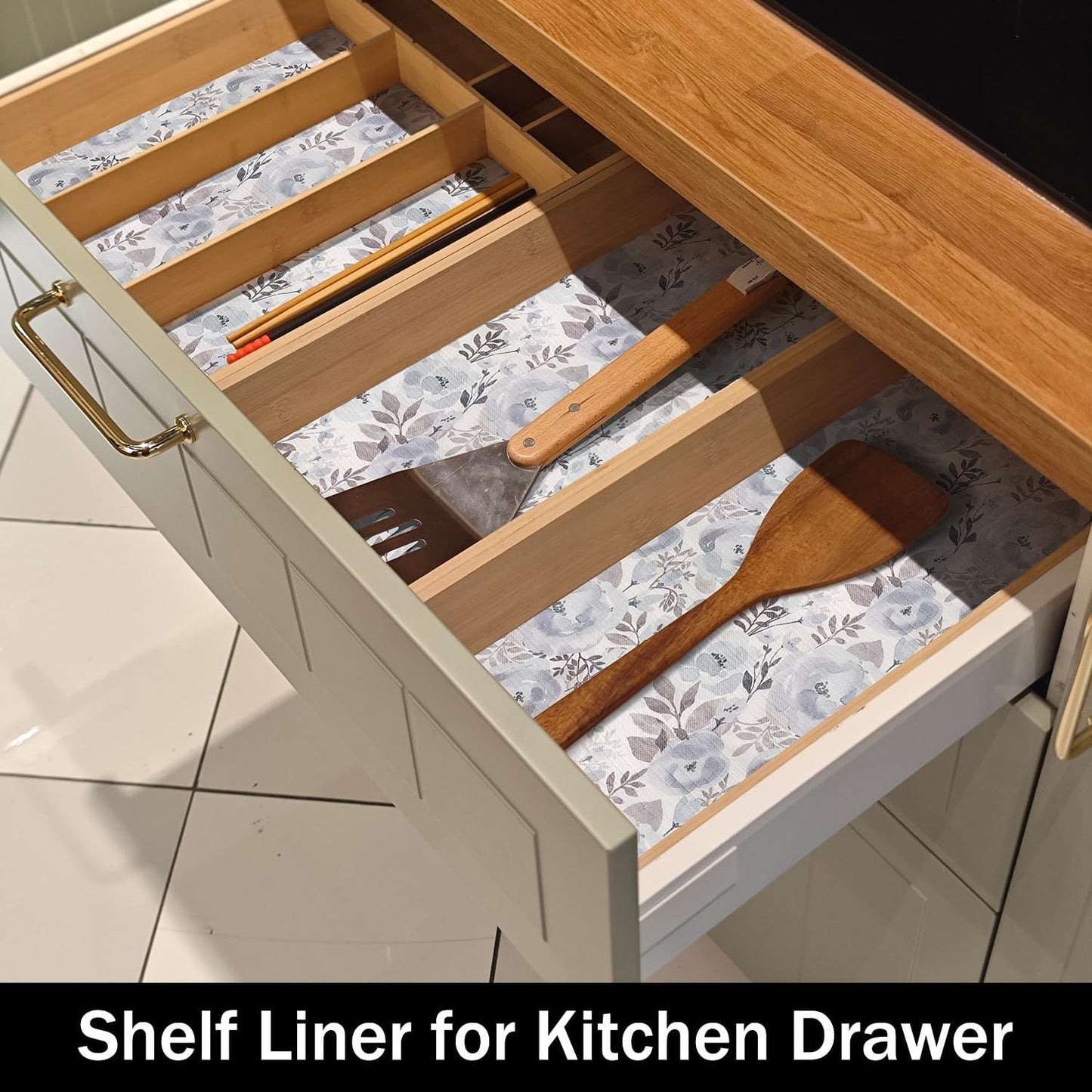Blue Floral Shelf and Drawer Liner for Kitchen,12IN x 20FT Non-Adhesive and Strong Non-Slip Peony Cabinet Drawer Liners for Kitchen Shelf, Waterproof Cupboard Liners,Easy to Clean
