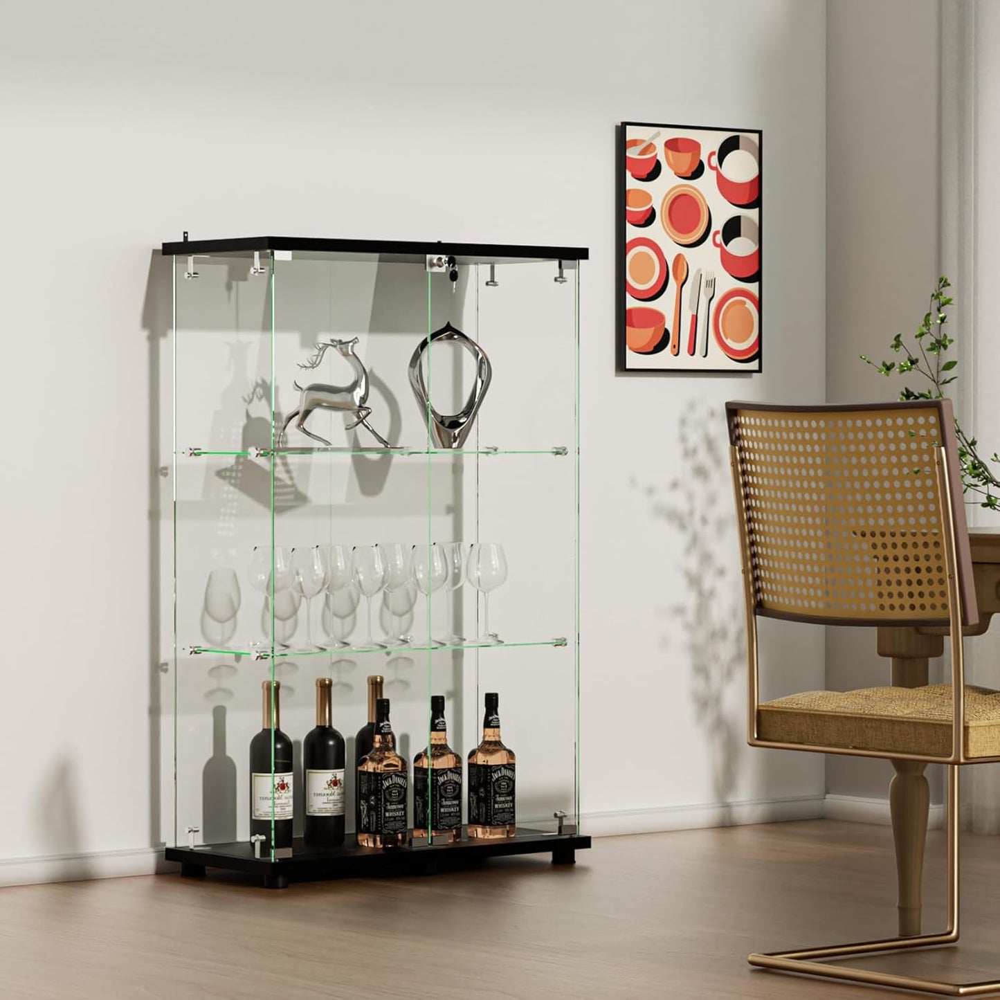 VINGLI Glass Display Cabinet with 3 Shelves, Double Doors and Lock, Floor Standing Curio Cabinets with LED Light, Upgraded Tempered Glass Bookshelf, for Living Room Living Room Bedroom Office, Black