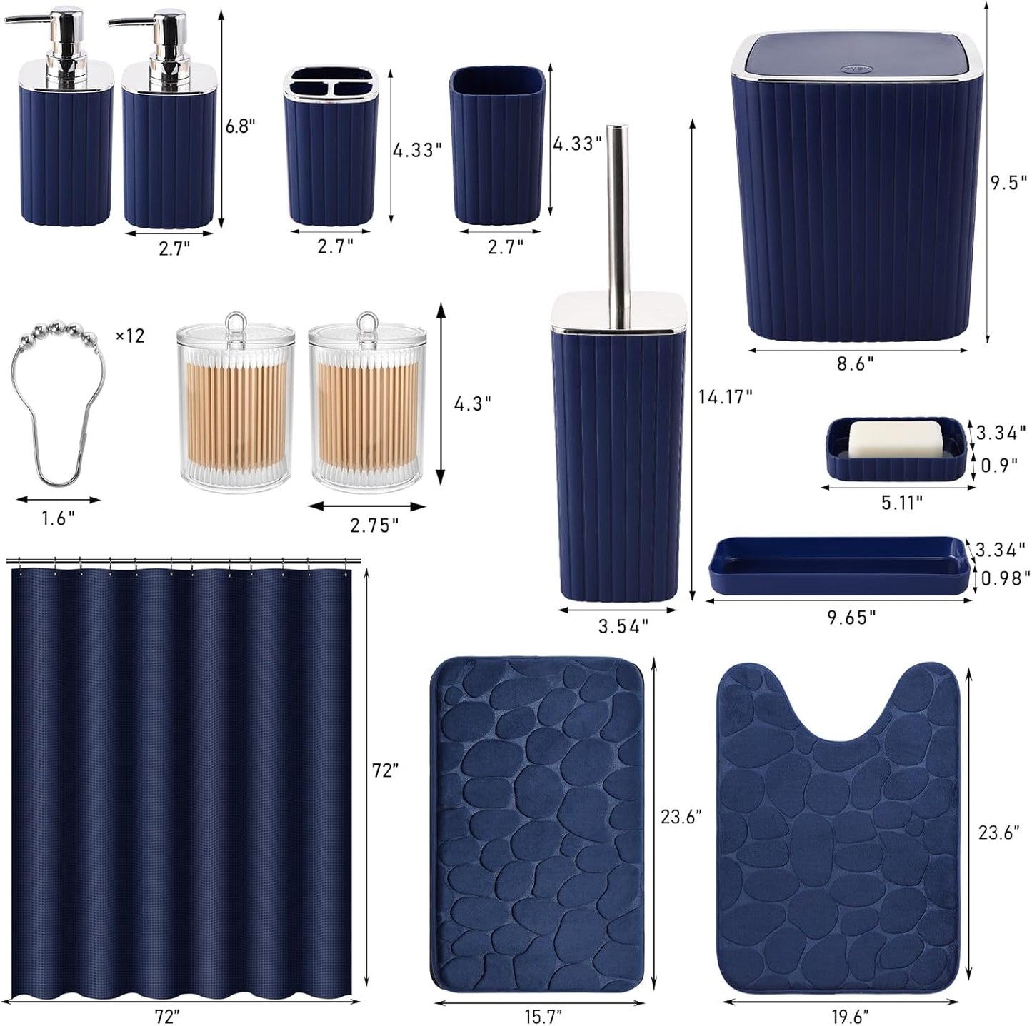 Bathroom Set with Shower Curtain and Rugs- 25PC Bathroom Accessory Set, Navy Blue Shower Curtain Set, Toilet Brush, Trash Can, Qtip Holder Dispenser & Soap Dispenser