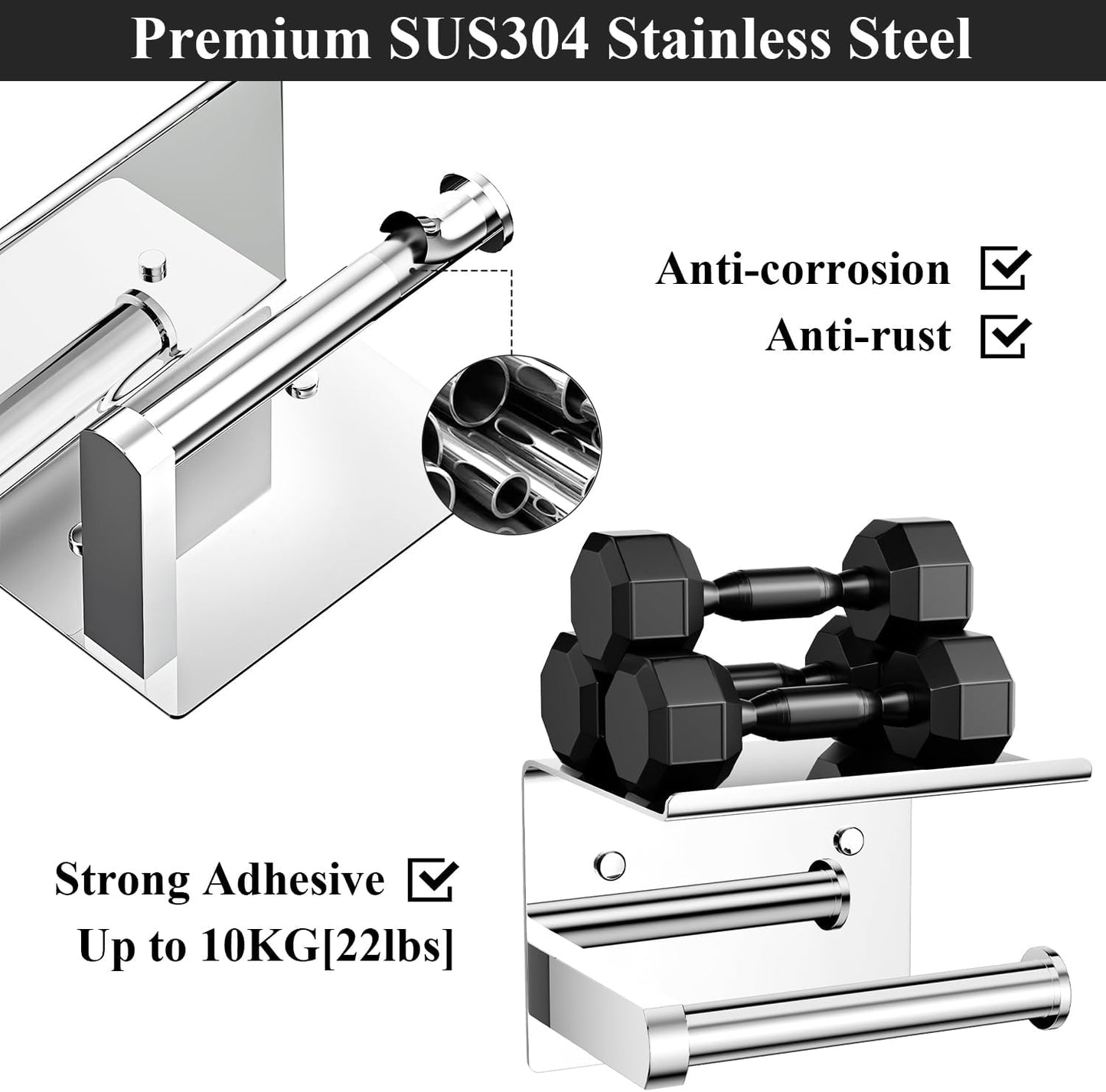 Tindbea Toilet Paper Holder with Phone Shelf, Adhesive or Screw Wall Mount Toilet Tissue Roll Holder, Rustproof & Multifunctional Stainless Steel Bathroom Storage Dispenser (Polished Chrome)
