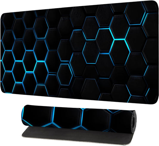 Gaming Mouse Pad – Large Extended Desk Mat 31.5 x 11.8 in– Futuristic Black Honeycomb Design with Blue Glow, Non-Slip Base, Waterproof Surface, Keyboard & Mouse Pad for Gaming or Office