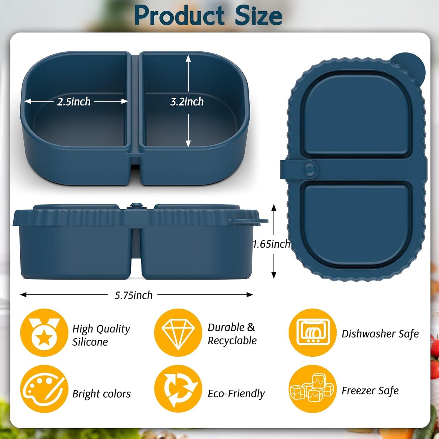 3 Pack Reusable Silicone Snack Containers with Lids, Meal Prep Containers 2 Compartments, Portable Silicone Food Storage Box for Picnic, School, Office (3)