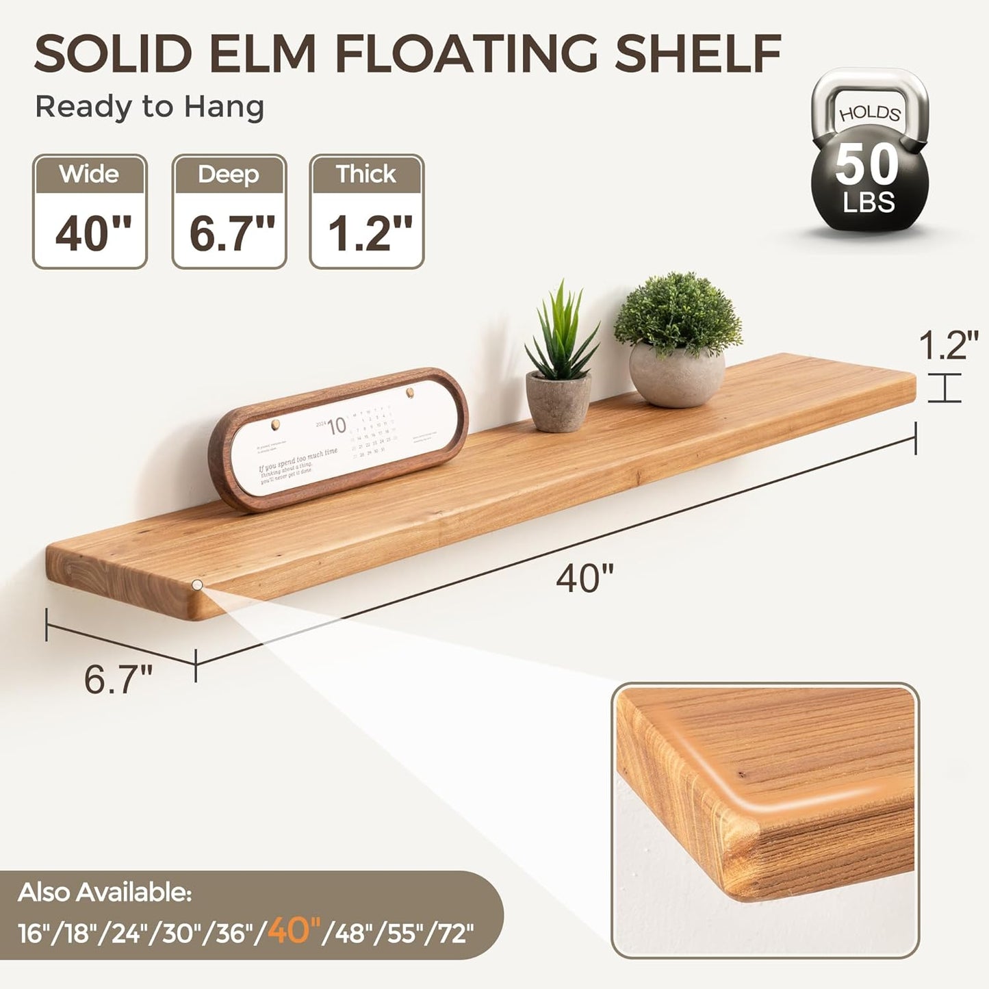 Fun Memories Rustic Elm Wood Floating Shelves, Wooden Wall Shelves 40 Inch Long Set of 2, Heavy-Duty Bathroom Shelf for Wall, Solid Wood Storage Shelf for Kitchen, Bedoom, Office
