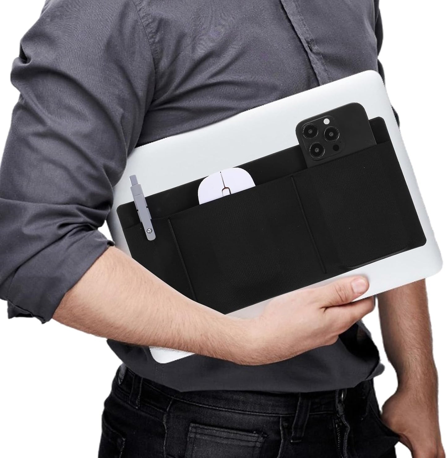 3-Pocket Organizer Mouse Holder for Laptop External Hard Drive SSD Holder Sleeve Computer Accessories Stick on Pouch Organizer Adhesive Pocket Storage Sleeve for Mouse HDD SSD Cables