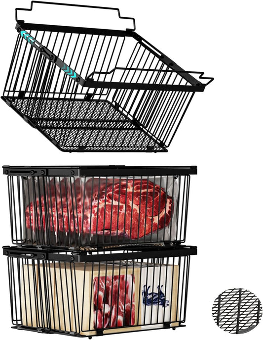 Large Freezer Organizer Bins，Upgraded Bottom Leak-Proof net，Fit 5 to 9 Cu Ft Chest Freezer，3 Pack， Expandable Stackable Chest Freezer Containers with Handle